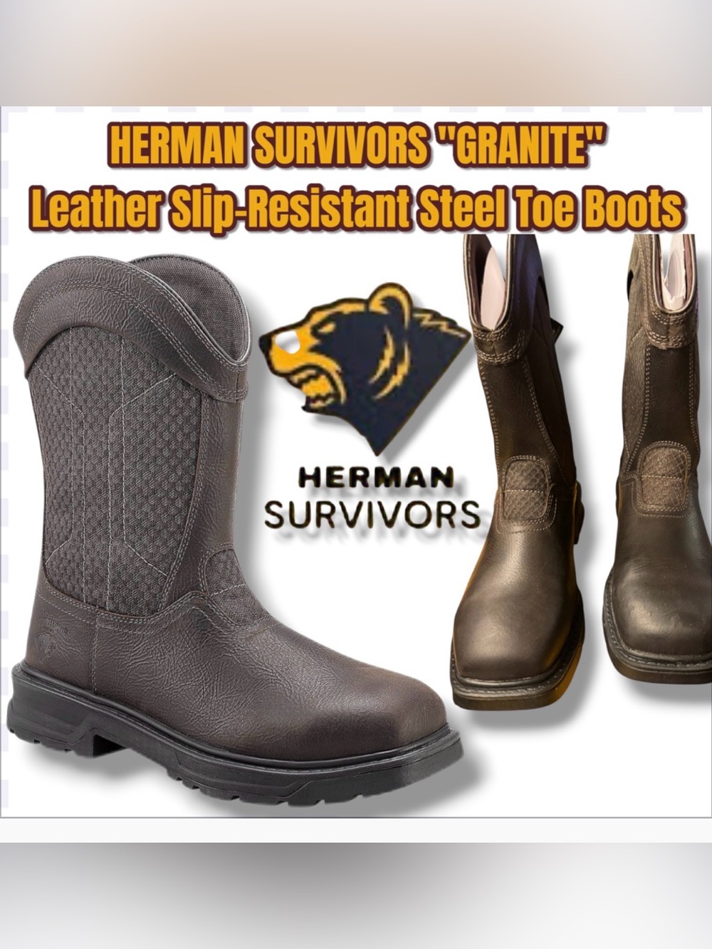 HERMAN SURVIVORS GRANITE Leather Slip-Resistant Steel Toe Boots - SIZE (Various)